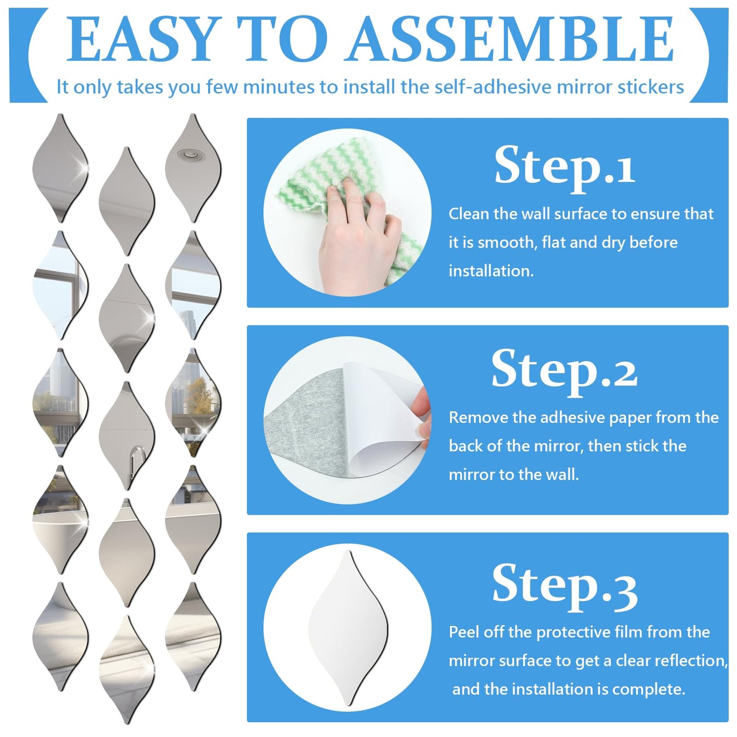 DARENYI 32Pcs Silver Teardop Mirror Wall Stickers Shatterproof Acrylic Mirror Tiles Self Adhesive Wall Decor Decals for Living Room, Bathroom, Bedroom, TV Background, Entryway Decor