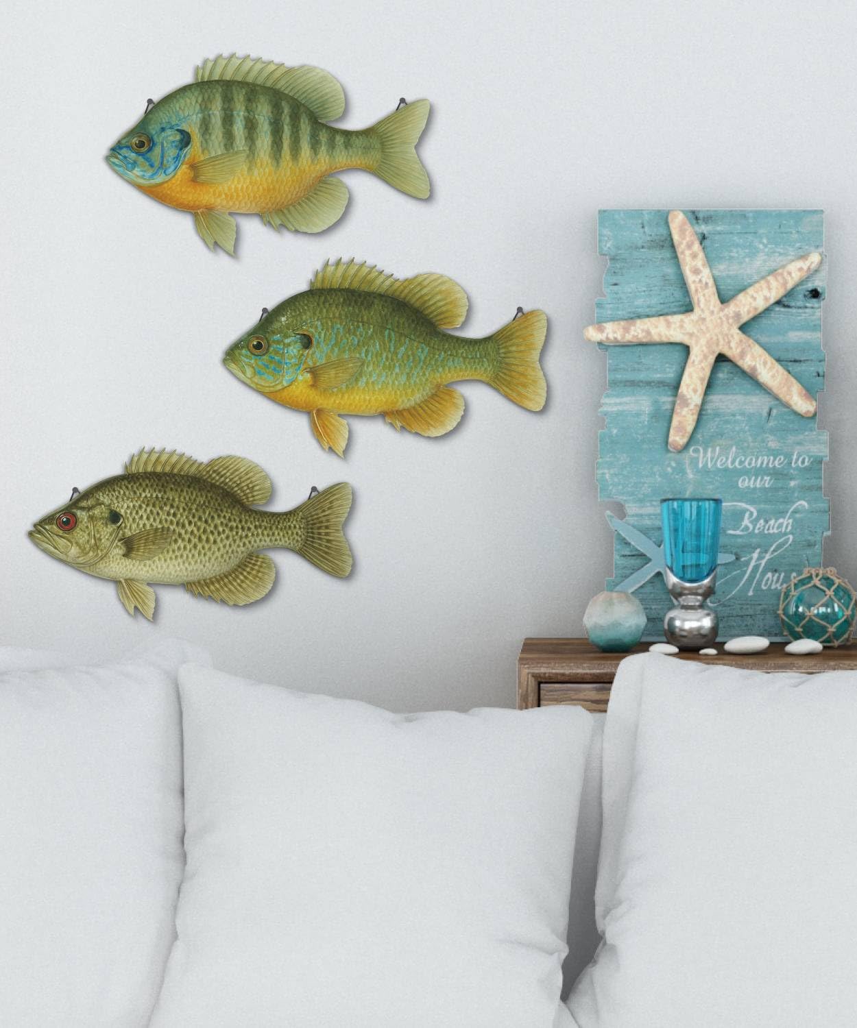 Putuo Decor 3 Pcs Beach Wooden Fish Wall Decor Coastal Hanging Wall Art Ocean Style Decoration for Fishing Lodge Bathroom Lake House