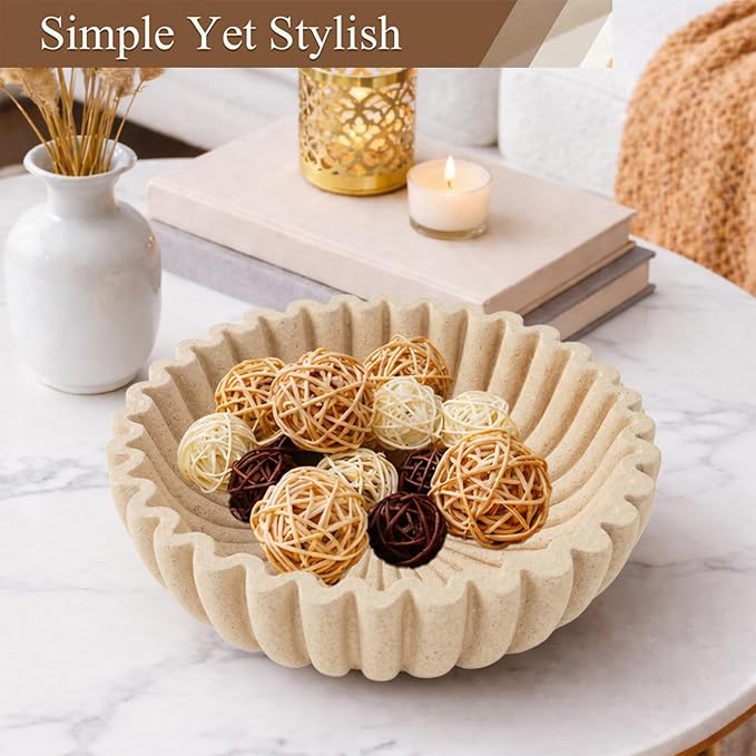 Large Modern Ruffle Bowls, Artificial Stone Decorative Catch All Bowl for Kitchen Counter and Entryway Table, Handcrafted Fruit Bowls and Key Bowl for Home Decor(Beige)