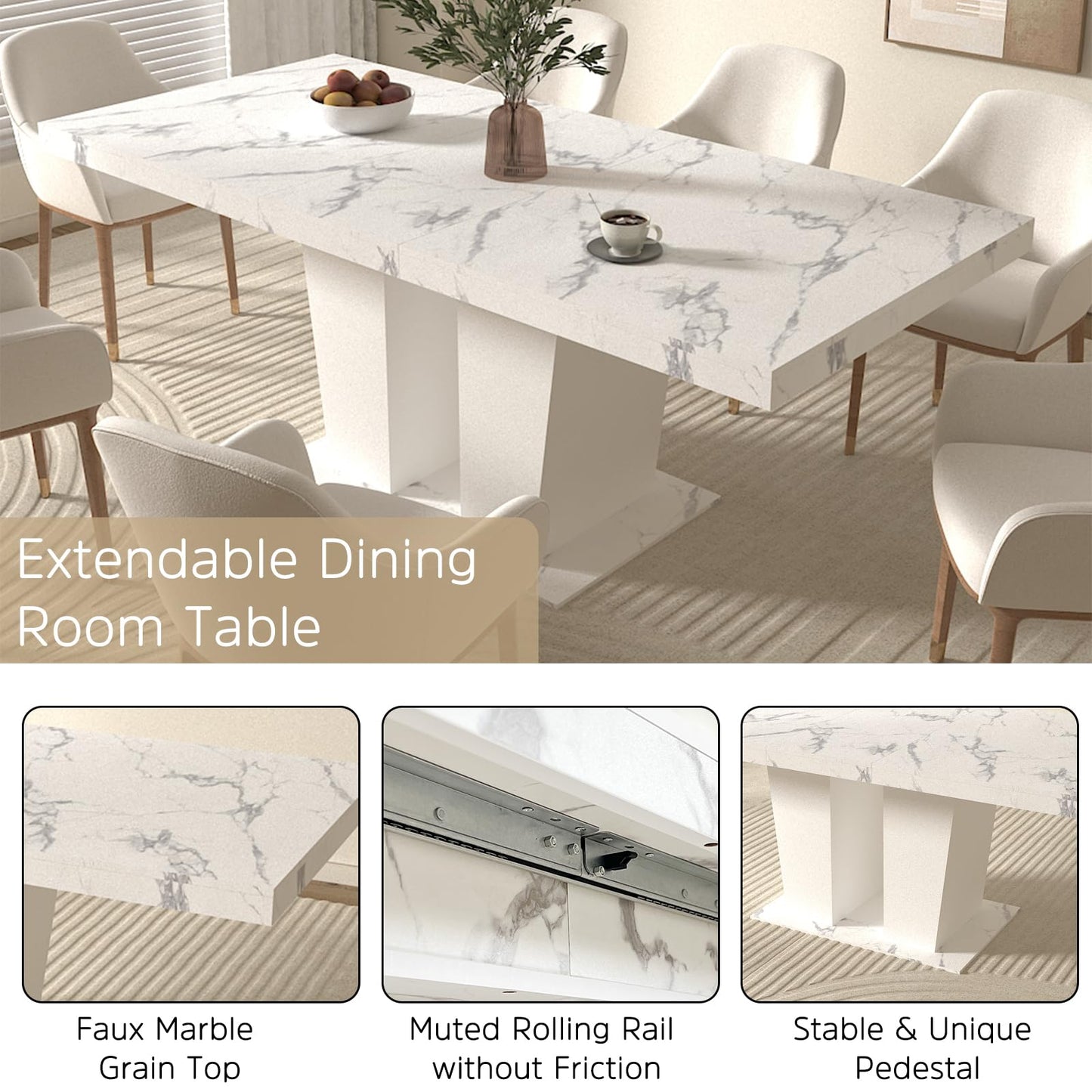Henf 7 Pieces Faux Marble Dining Table Set for 6, 63"-79" Extendable Dining Room Table and 6 Grey Tufted Chairs Set for 6, Modern Large Expandable Kitchen Table with White Double Columns Base