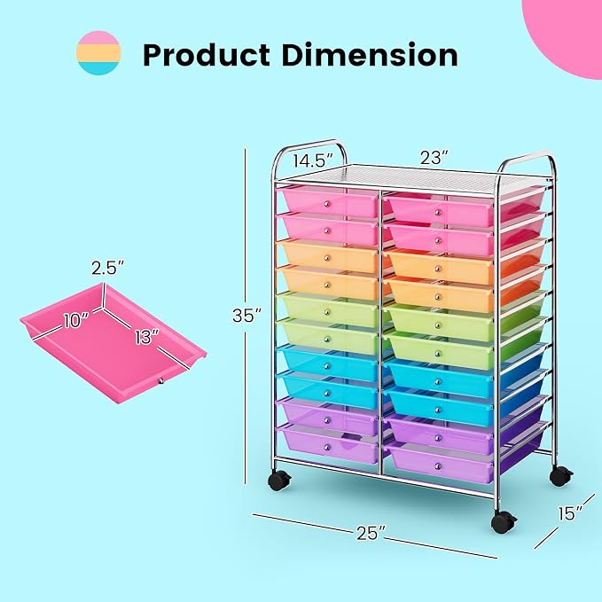 COSTWAY 20-Drawer Rolling Storage Cart, Utility Storage Organizer Cart for Tools, Scrapbook, Paper, Craft, Multipurpose Storage Trolley on Wheels for Home Office School (Rainbow)