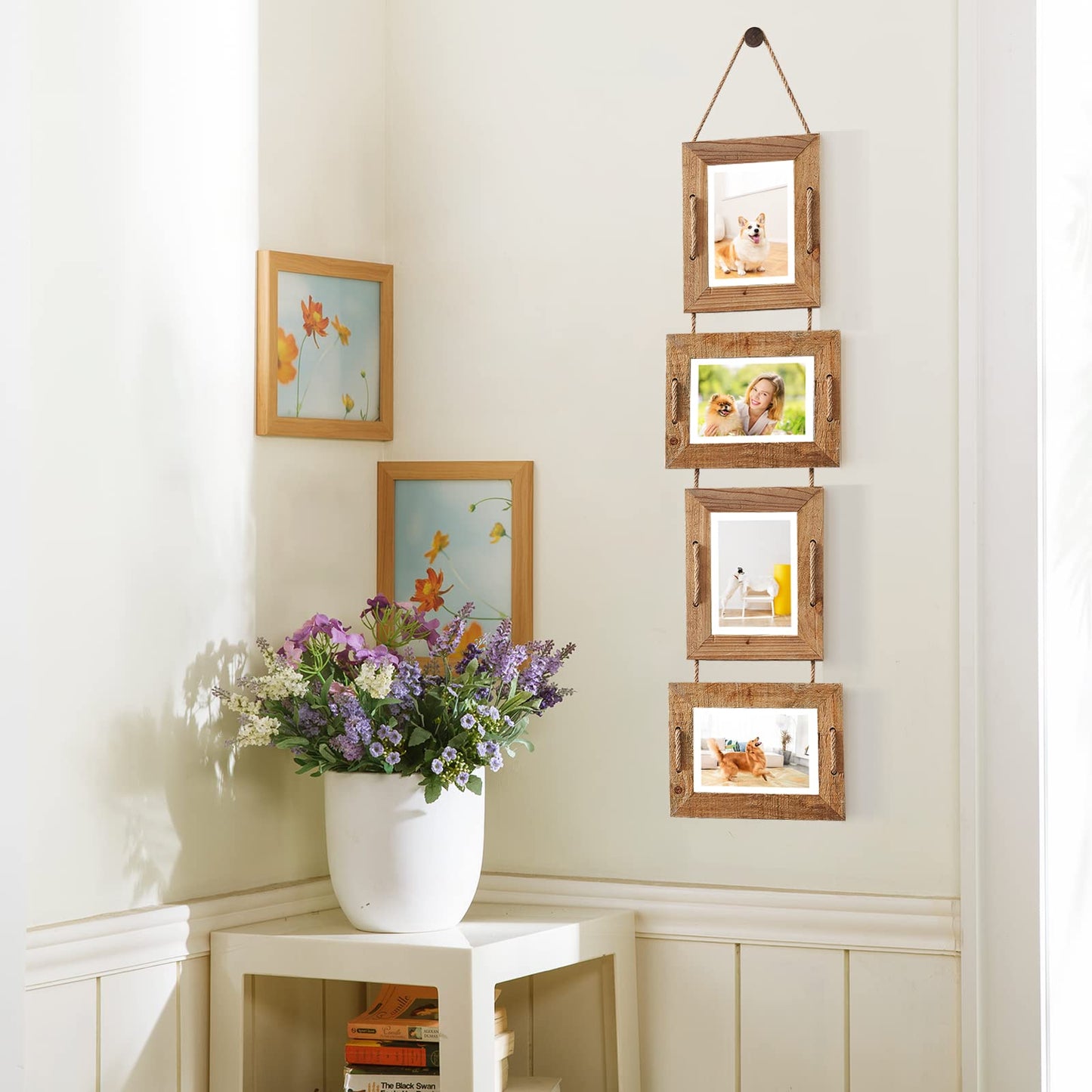 ABSWHLM 5x7 Picture Frames Rustic Solid Wood Hanging Picture Frames 4 Opening Photo Frame Display 4"x6" Pictures with Mat or 5"x7" Without Mat, 2 Pack Weathered Brown