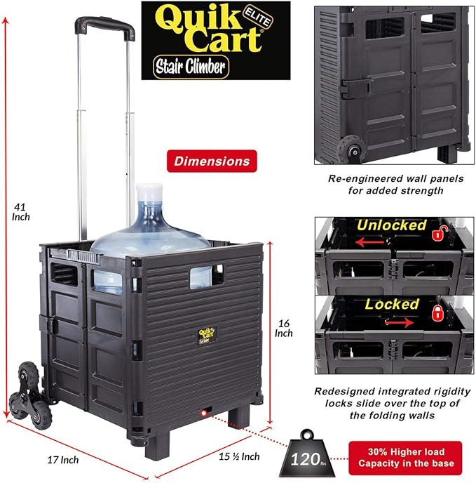 dbest products Quik Cart Elite Stair Climber Wheeled Rolling Crate Teacher Utility With seat Heavy Duty Collapsible Basket With Handle, Black