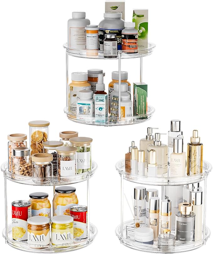LAMU 2 Tier Lazy Susan Turntable Organizer for Cabinet, 9'' Rotating Spice Rack for Kitchen, Pantry, Countertop, Bathroom, Vanity, Under Sink, Medicine Cabinet Organizer, 3 Pack