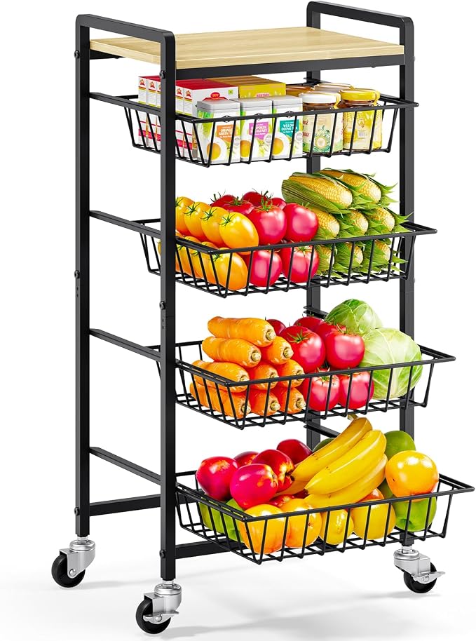 TOOLF 5-Tier Kitchen Cart with Tabletop, Rolling Snack Cart with Lockable Wheels, Fruit Vegetable Storage Basket with 4 Pack Mats, Metal Storage Rack with Pull-Out Pantry Cart for Organizer