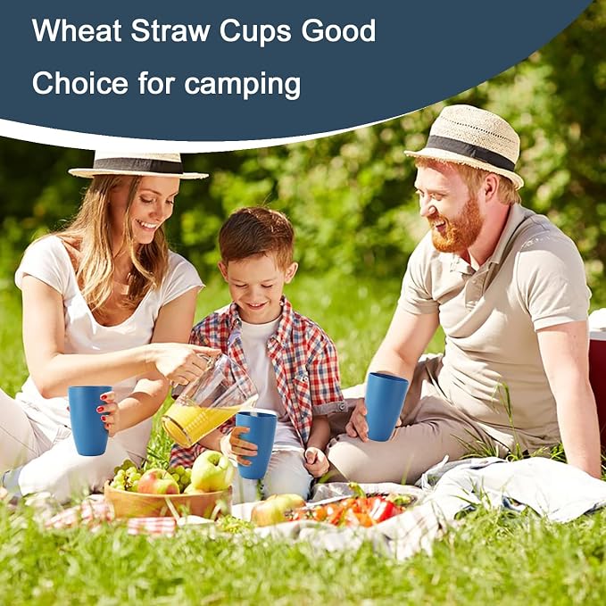 PYRMONT Wheat Straw Cups 20 Oz Alternative Plastic Cups Set of 6 Unbreakable Big Cups for Kitchen Dishwasher & Microwave Safe Large Water Cups for Coffee,Smoothie,Lemonade-Blue