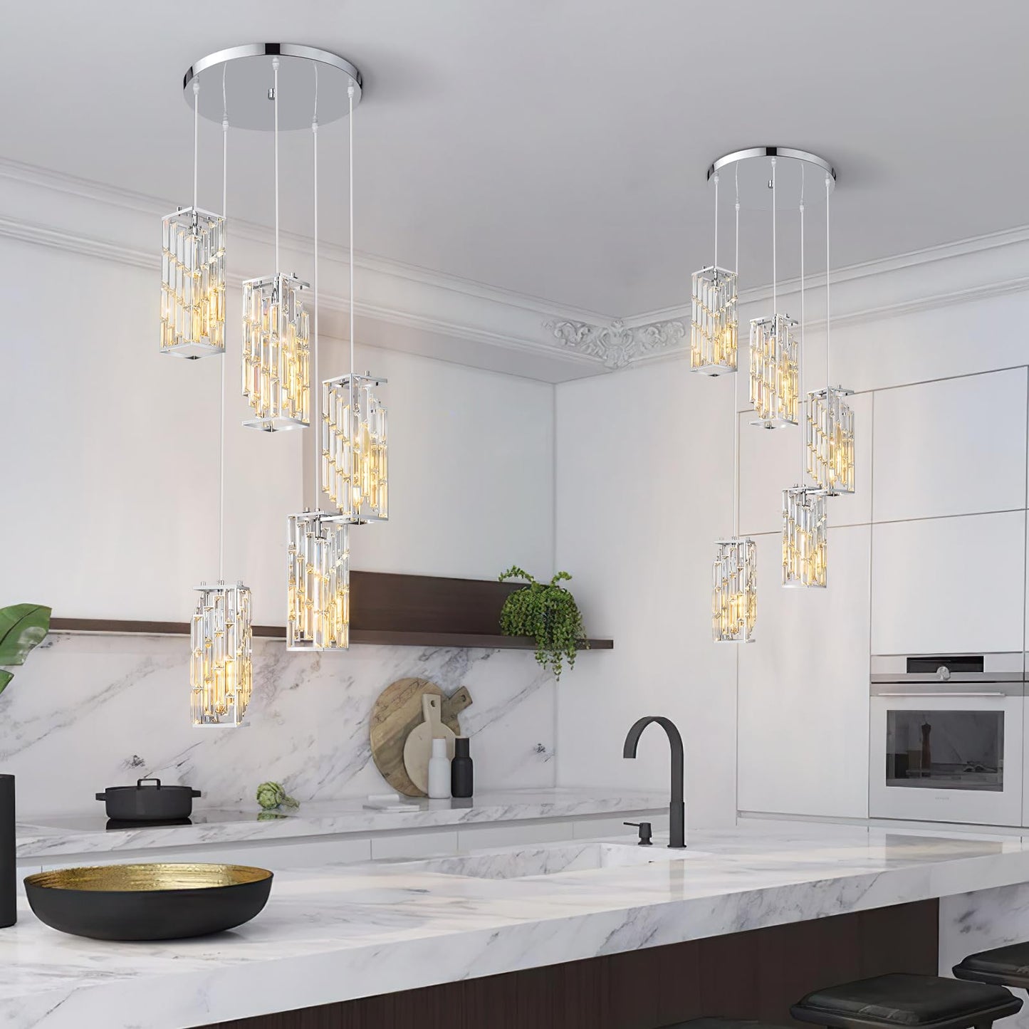 FDPBY Chrome Pendant Lighting Modern Pendant Light, Mini Crystal Chandeliers,Adjustable Pendant Light Fixture for Kitchen Island Dinning Room Bedroom (5 Light)