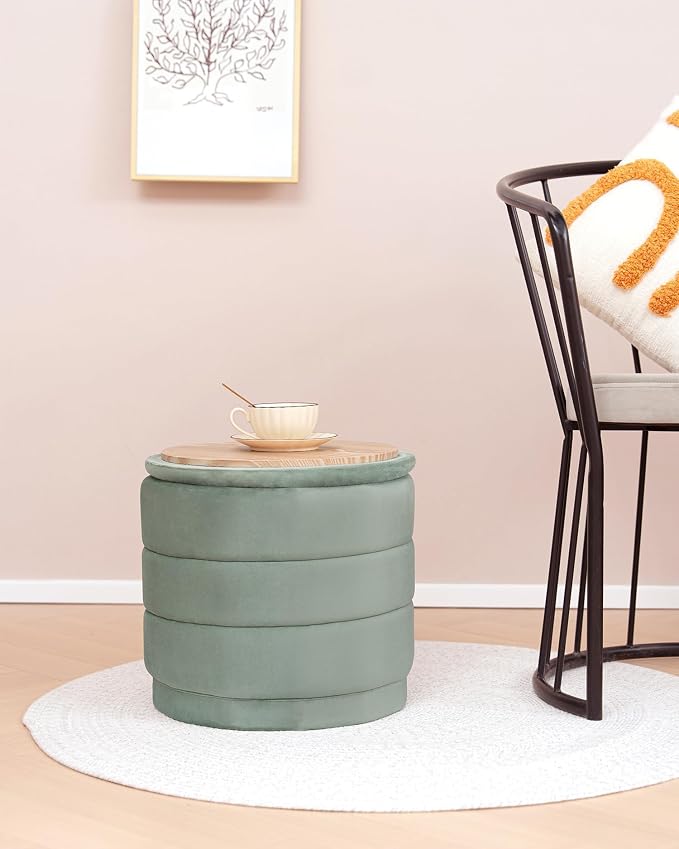B FSOBEIIALEO Round Velvet Storage Ottoman with Tray, Folding Ottoman with Storage Coffee Table Foot Rest for Dorm Room, Living Room Sage, 15.35"x15.35"x14.57"