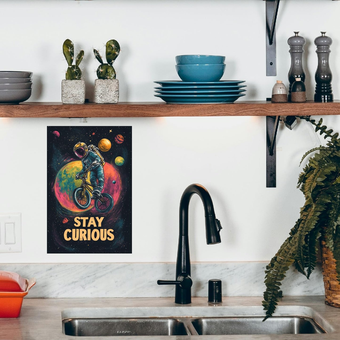 Korrazi Astronauts-Signs Outer-Space Metal-Arts Universe-Poster, Stay Curious, Space Planet Positive Wall Decor Plaque for Boys Kids Nursery, Game room 8 X 12 Inches