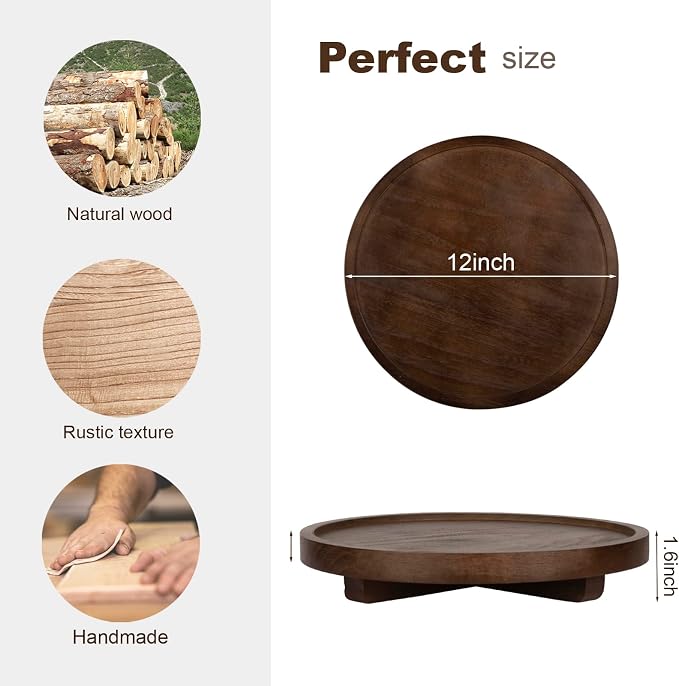 Round Decorative Tray Wood Bathroom Counter Organizer Farmhouse Kitchen Decor Wooden Riser for Soap Dish, Perfume, Candle, Sponge, 12" - Walnut