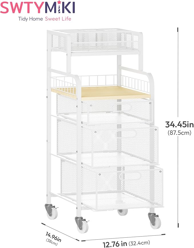 SWTYMIKI Rolling Cart with Drawers - Metal Craft Cart with Wheels, DIY Divider and Wood Shelf, Art Supply Organizer Craft Organizer and Storage, Utility Storage Cart for Home Office Studio, White