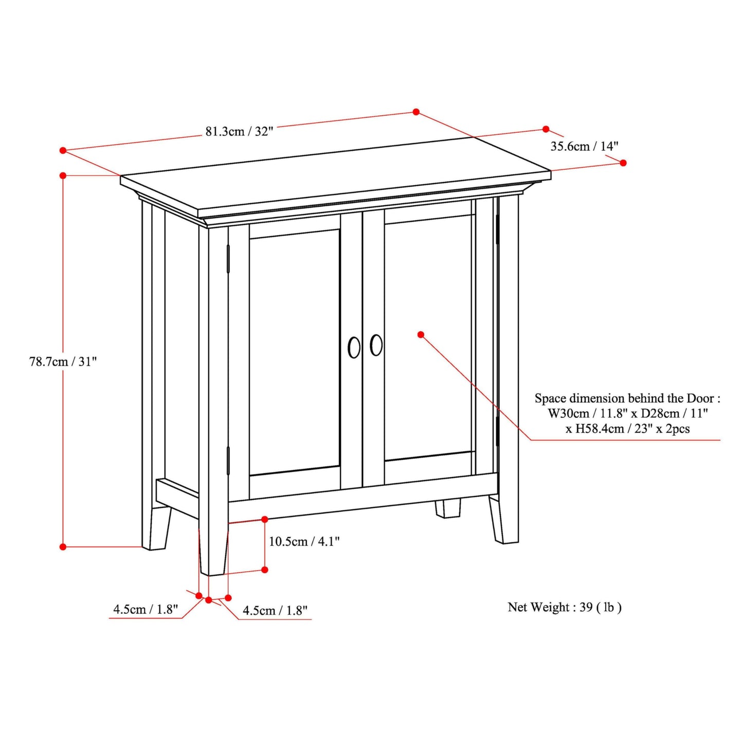 SIMPLIHOME Redmond Storage Cabinet - 32 inch Wide Solid Wood 2-Shelf Low Storage Cabinet in Hickory Brown, Transitional Accent Cabinet for Entryway with Adjustable Shelves and Tapered Legs