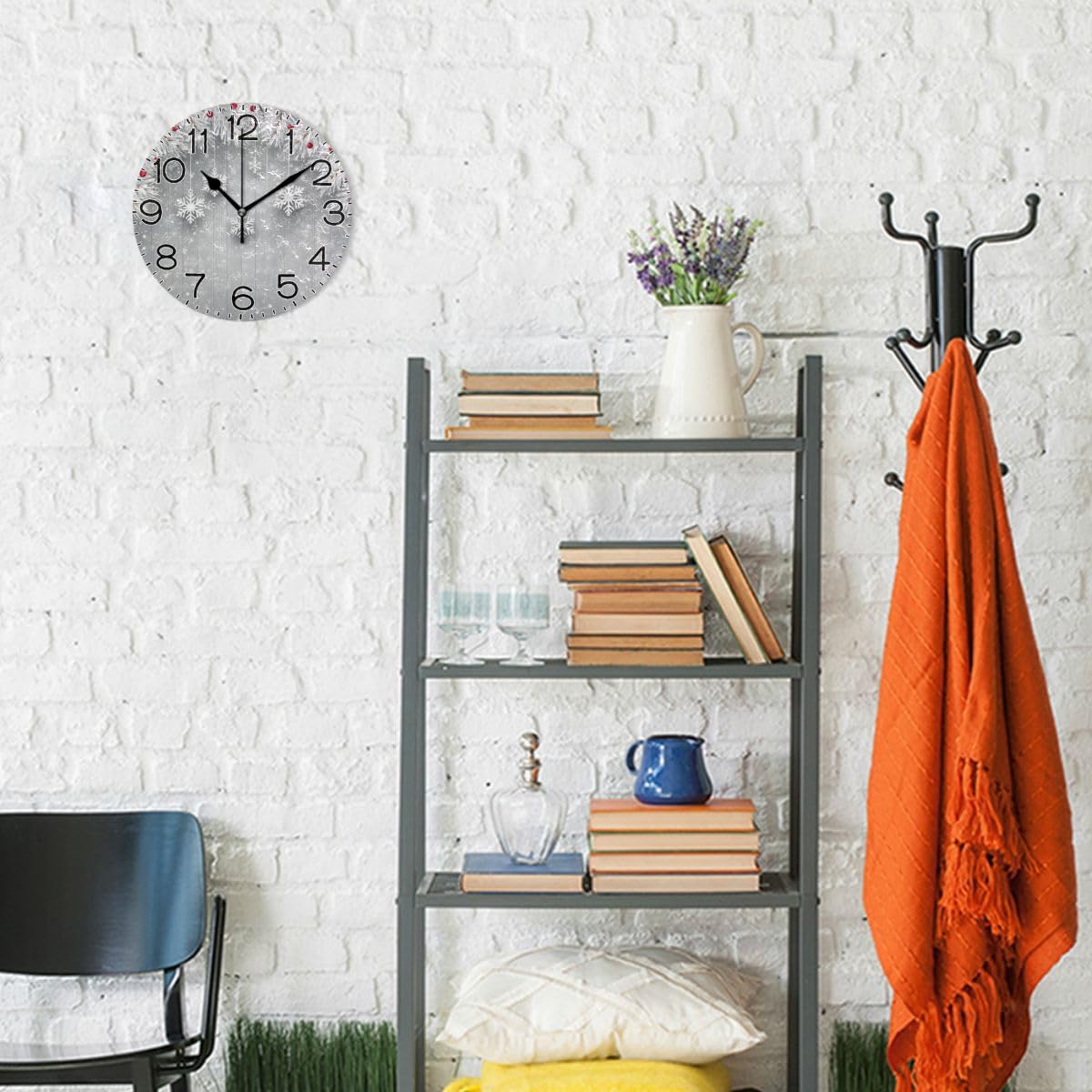 ALAZA Silver Christmas Tree Snowflake Wall Clock Battery Operated Non Ticking Silent Quartz Analog Rustic Farmhouse Round Clock Retro Decor for Home Kitchen Living Room Bathroom