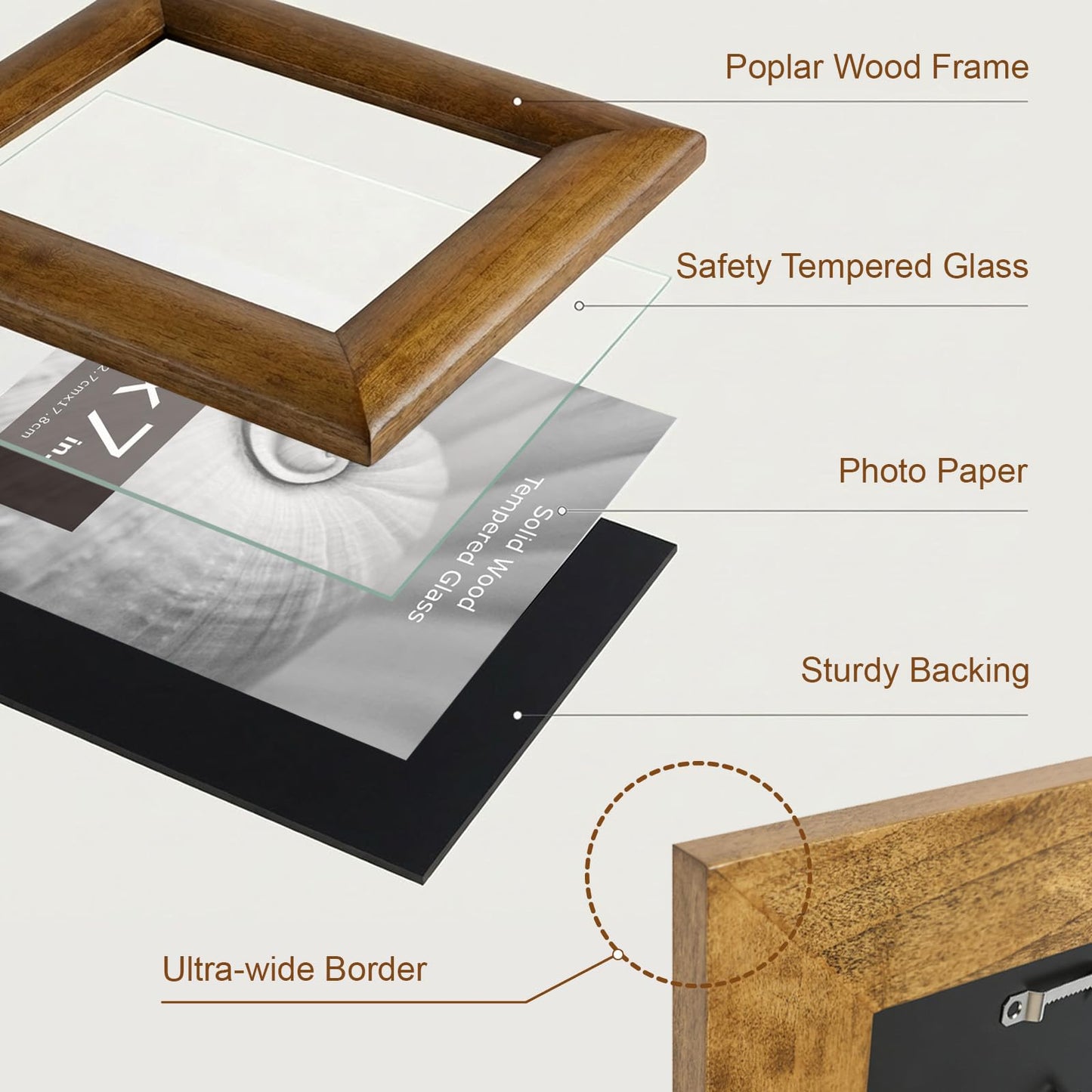 BRIVUE Picture Frame 5x7 with Tempered Glass, Solid Wood Photo Frame, Handmade Wooden Frame for Tabletop & Wall Display, Horizontal & Vertical Rustic Home Decoration, Father Day Gifts, Brown 1 Pack