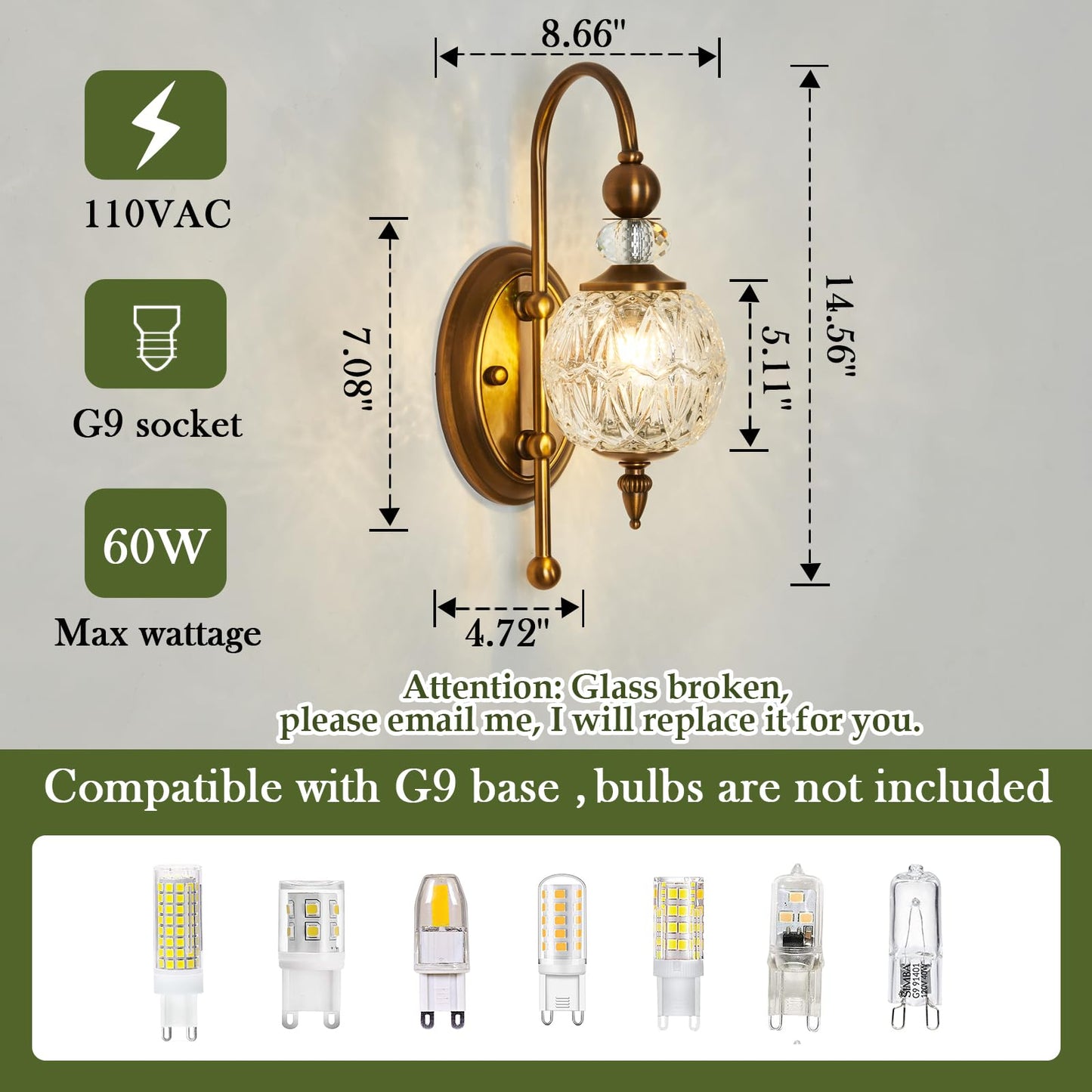 Piepooye Vintage Gold Wall Sconce with Glass Globe Shade Mid Century Brushed Brass G9 Bulb Vanity Light Indoor Wall Light for Bathroom Farmhouse Bedroom Living Room Hallway