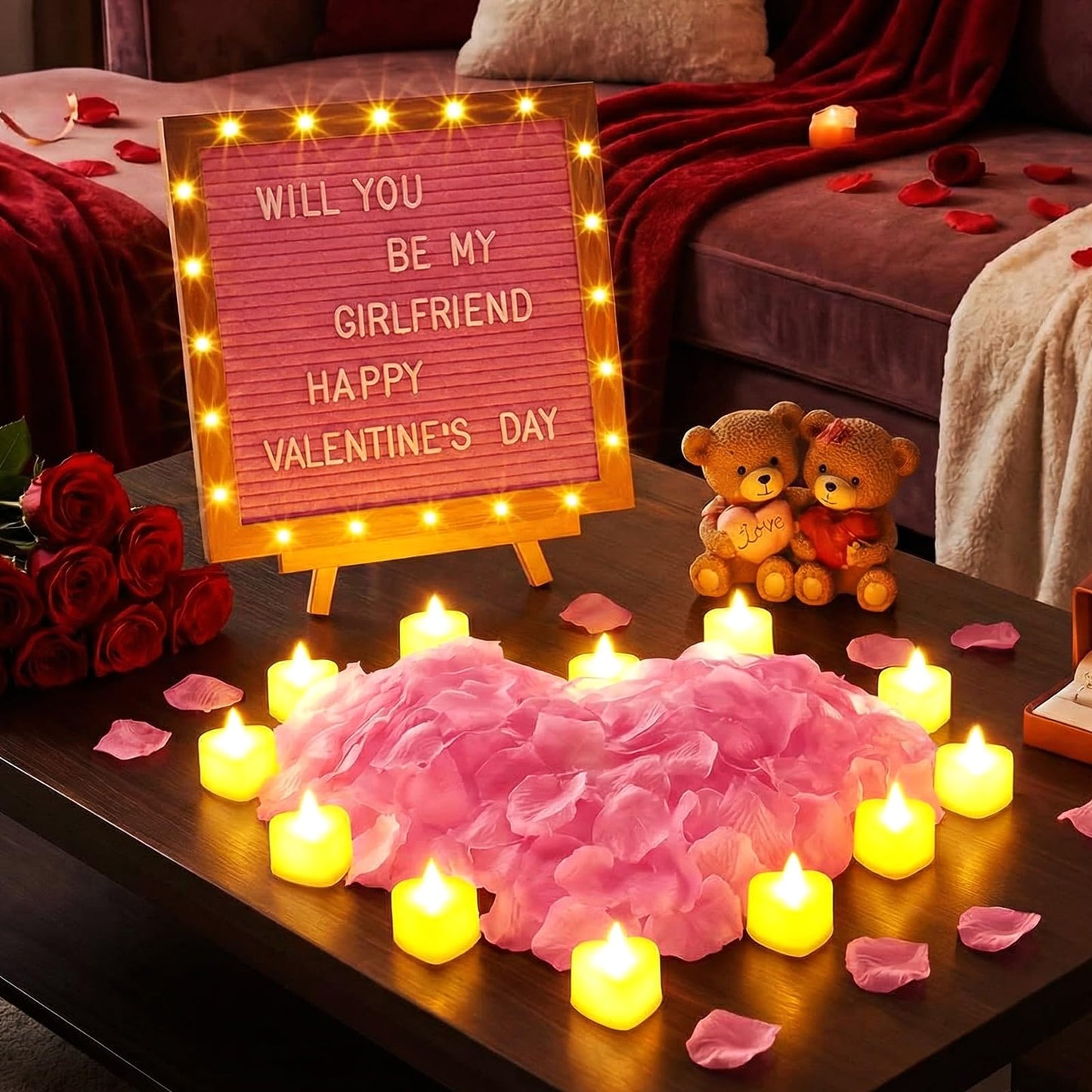 Ceenna Will You Be My Girlfriend Romantic Sign with LED Candles and Artificial Rose Petals, Valentine's Day DIY Felt Letter Wood Board Sign with Lights for Valentine's Day Anniversaries Party (Pink)