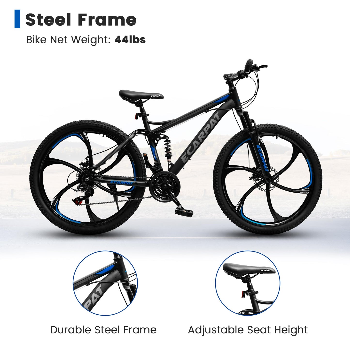 Ecarpat Full Suspension Mountain Bike 26 Inch Wheel, 21 Speed Mountain Bicycle with High-Carbon Steel and Dual Disc Brakes, Outdoor Cycling MTB Bike for Men Adult, Black
