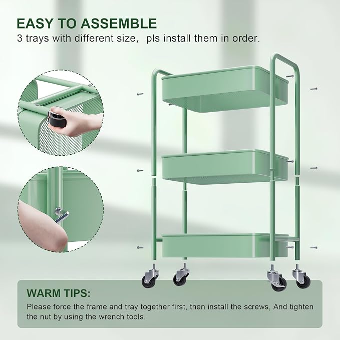 3 Tier Rolling Storage Cart Metal with Wheels, Green Baby Diaper Caddy Carts, Three Tiered Craft Cart Organizer on Wheels, Utility Roller Trolley for Art, Book, Snack, Office, Laundry, Bathroom Shelf