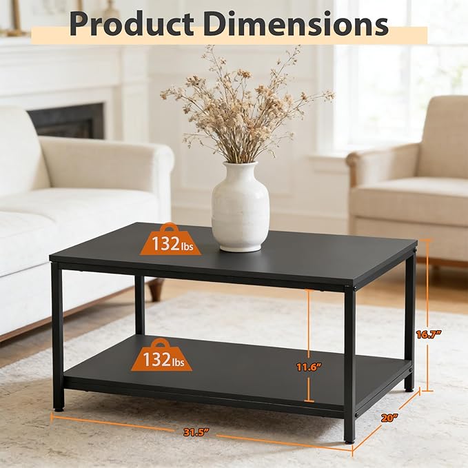 SUPER DEAL 2-Tier Industrial Coffee Table with Storage Shelf for Small Apartment Living Room, Rectangle Wood and Stable Metal TV Stand Side End Table, Black
