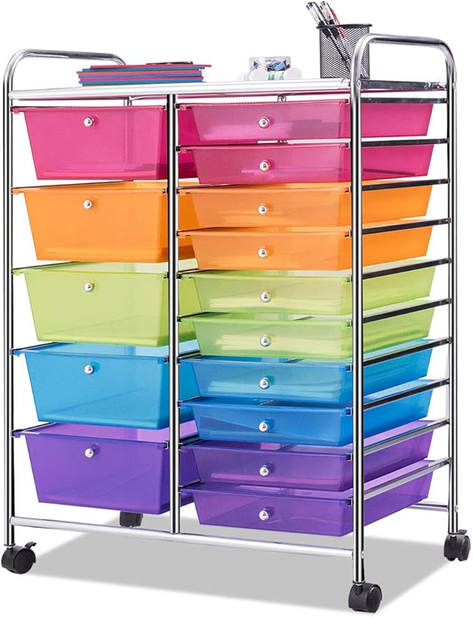 Giantex 15 Drawer Rolling Storage Cart Tools Scrapbook Paper Office School Organizer, Multicolor