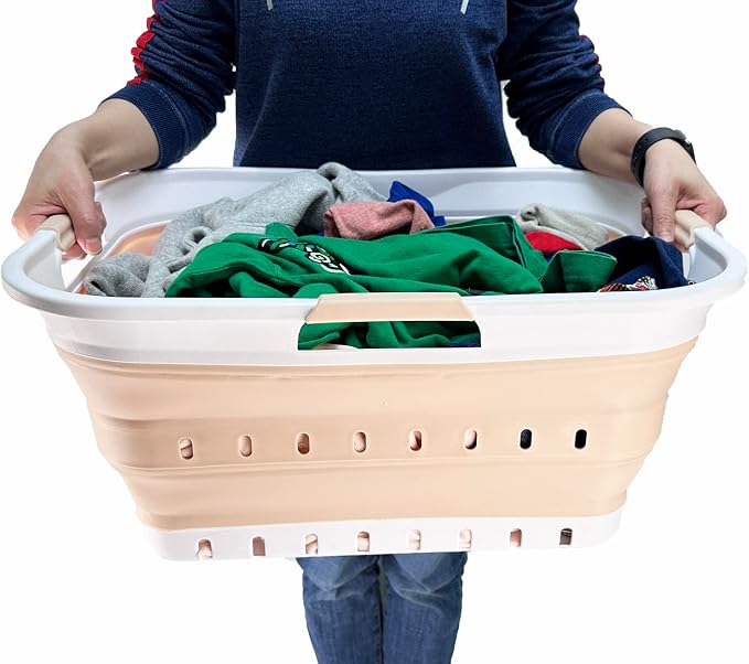 SAMMART 42L (11 gallon) Collapsible Plastic Laundry Basket - Foldable Pop Up Storage Container/Organizer - Space Saving Hamper/Basket (White/Beige)