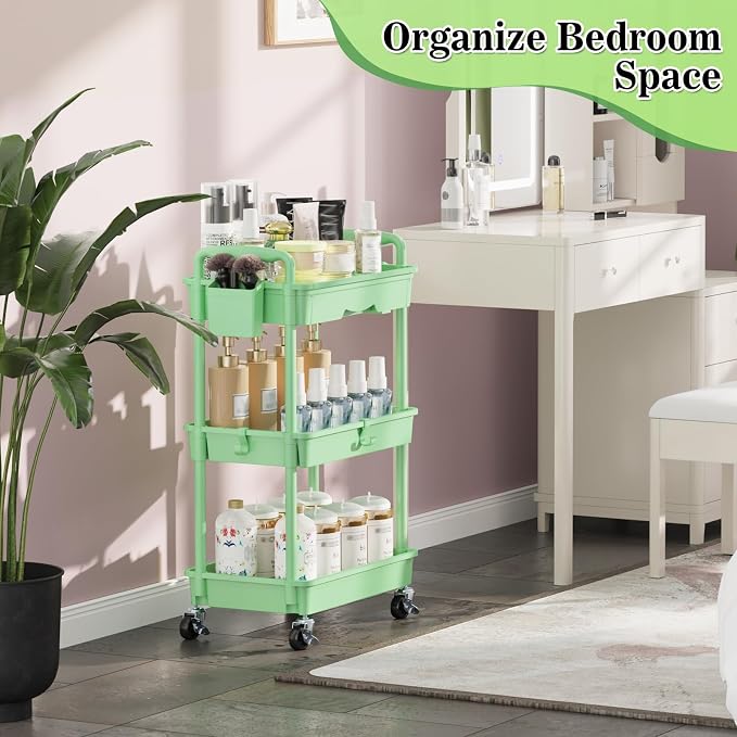 SUNALLY 3-Tier Rolling Cart with Drawer & Lockable Wheels, Bathroom Storage Organizer Multifunctional Rolling Storage Cart for Bathroom, Kitchen, Office, Craft, Makeup, Baby Essentials, Green