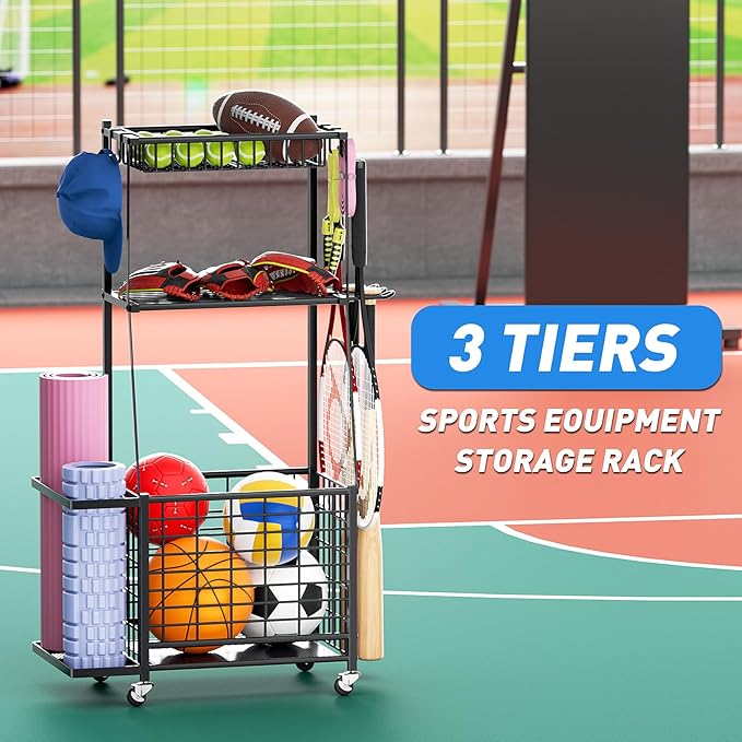ZHOOGE Sports Equipment Organizer Garage Storage Organization, Garage Organizer Ball Storage Rack Rolling Cart with Basket and Hooks for Toy/Sports Gear Storage Indoor/Outdoor Use, Black