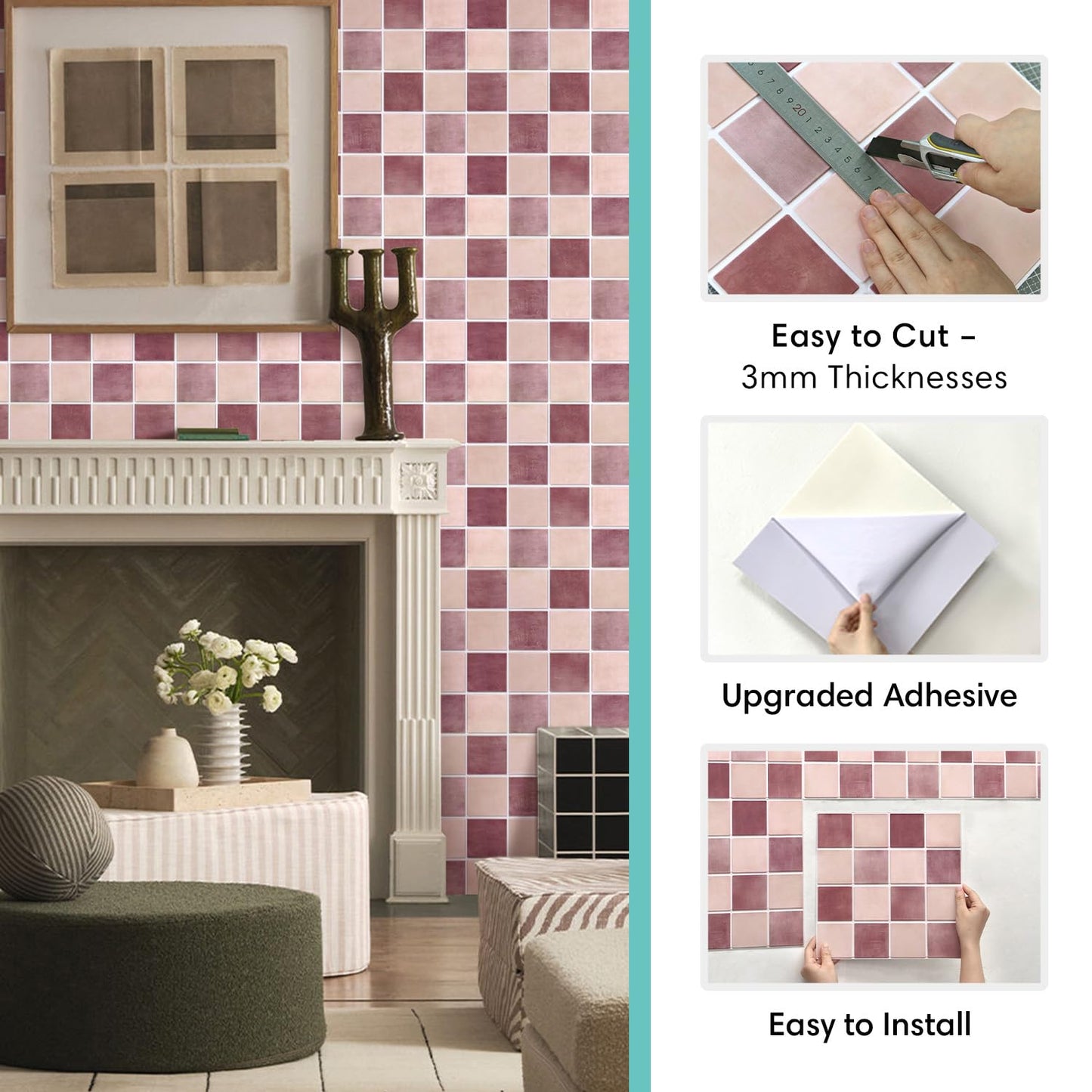 Commomy 10 Pcs Matte 3D Peel and Stick Tile 11.8"x11.8" Ultralight PVC Square Peel and Stick Backsplash for Kitchen Stick on Tiles for Bathroom,Living Room,Fireplace,Interior Wall Decor,Dusty Rose