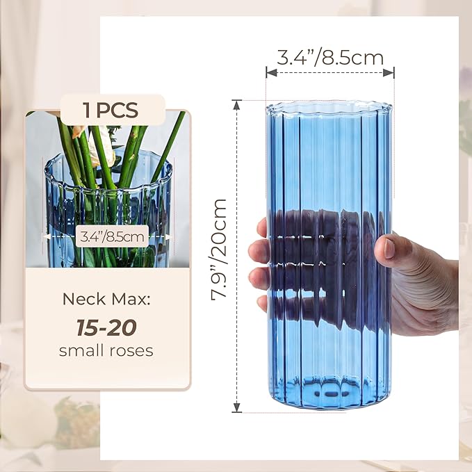 ComSaf Glass Cylinder Vases, Bud Vase for Centerpieces, 8 Inch Tall Ribbed Vase Hurricane Floating Candle Holder, Decorative Flower Vases for Wedding Reception, Home Decor, Housewarming Gift (Blue)