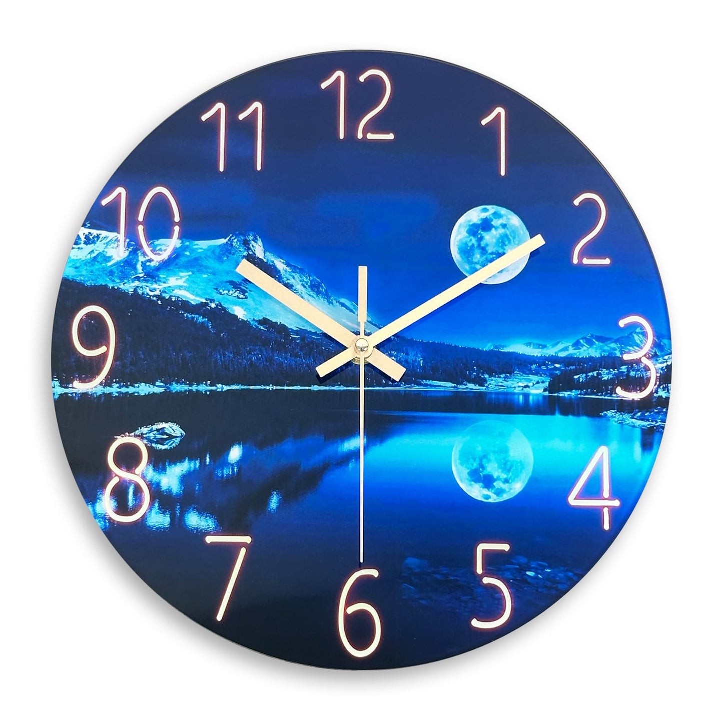 Constantplanet Blue Wall Clock for Bedroom 12 Inch Natural Landscape Round Analog Clock Battery Operated Moon Wall Clock Non Ticking