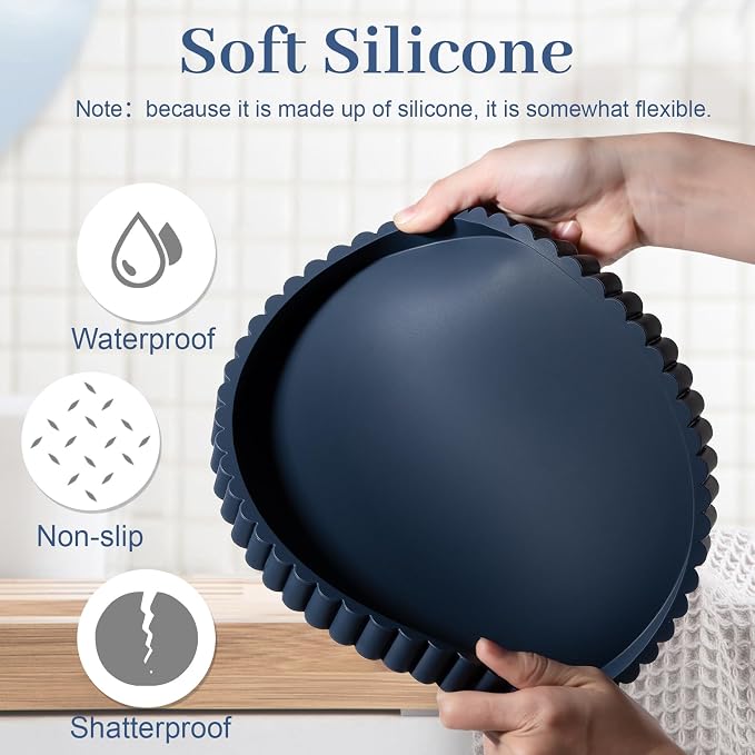 Round Bathroom Tray Silicone Kitchen Counter Decor Vanity Organizer Decorative Coffee Table Tray for Perfume, Candle, Soap Dish, 10 Inch, Dark Blue