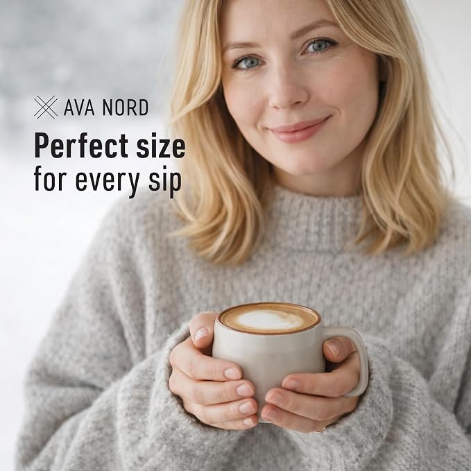 Ava Nord Small Ceramic Coffee Mugs Set of 4 | 8 oz Stoneware Coffee Cups | Lead-Free, Non-Toxic | Microwave & Dishwasher Safe | Comfortable Handle | Aesthetic Nordic Design for Cappuccino | Rose Sand