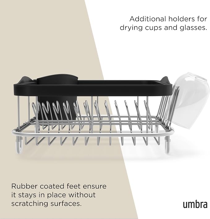 Umbra Sinkin Dish Drying Rack – Drainer with Cup Holders and Removable Cutlery Caddy – Use Over Sink, in Sink, or On Counter, Deluxe, Black/Nickel
