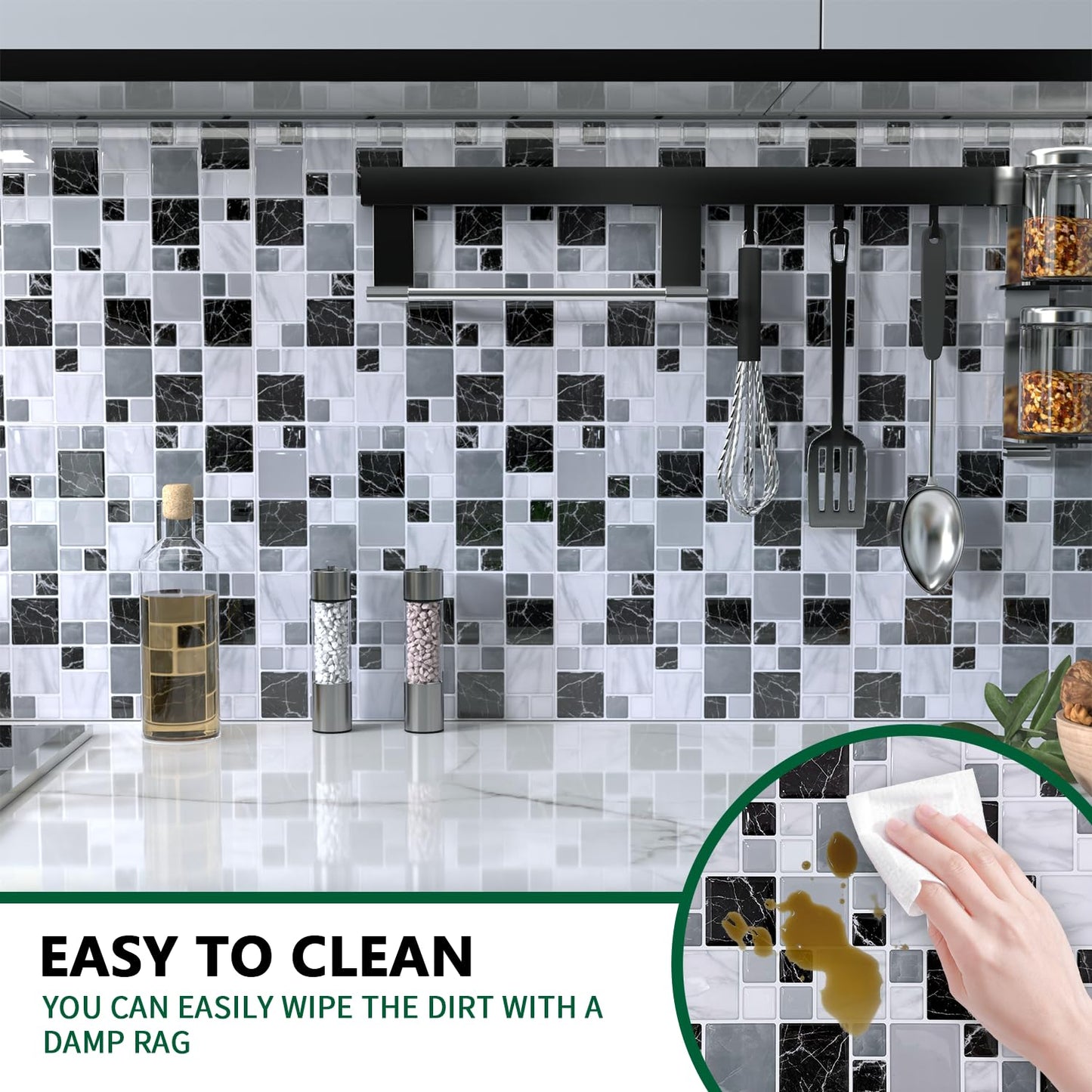 10-Sheet Peel and Stick Backsplash for Kitchen, 10” x 10” Self Adhesive Marble Gray Wall Tile Waterproof Removable Stick on Backsplash for Kitchen Bathroom Fireplace, Grey Marble