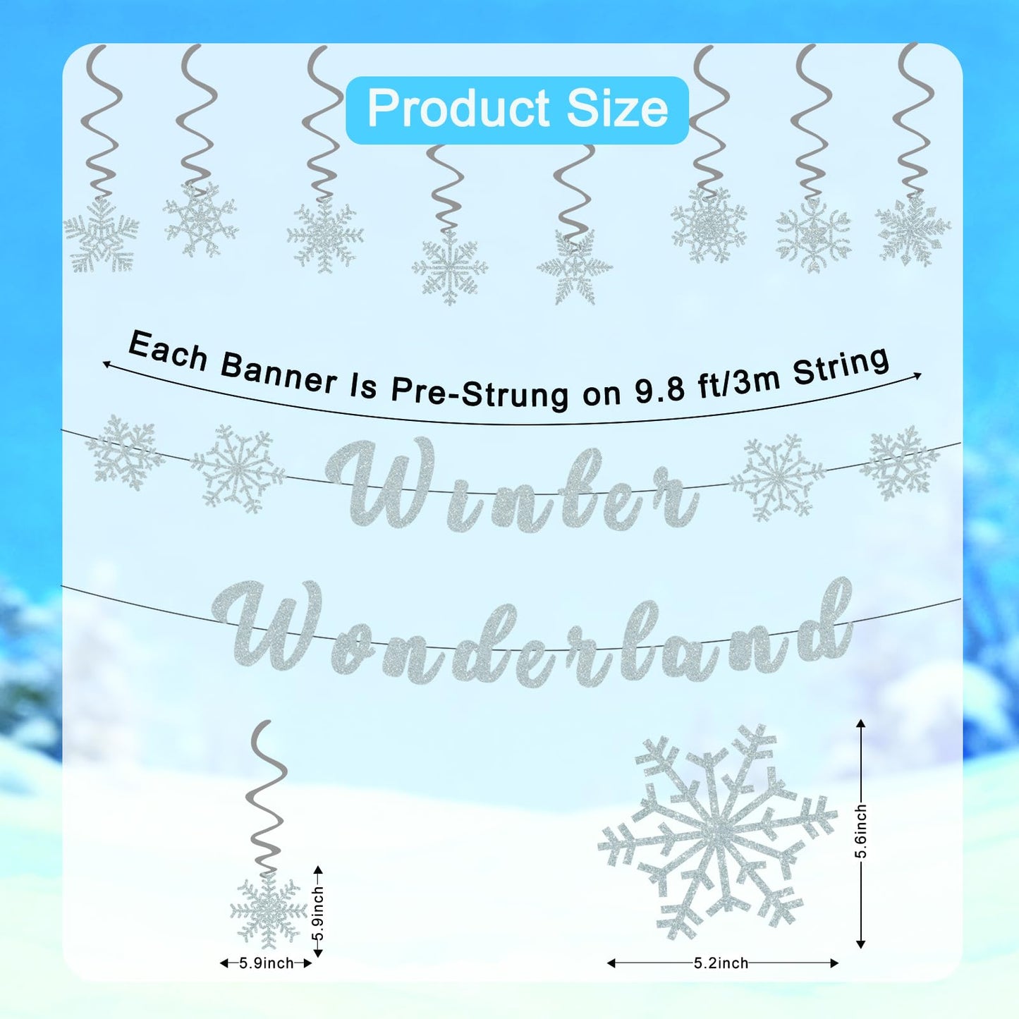 Winter Wonderland Banner,Snowflake Theme Party Decorations Include Pre-Strung Glittery Winter Wonderland Banner and 8 Pcs Snowflake Hanging Swirls,Christmas Birthday Party Supplies