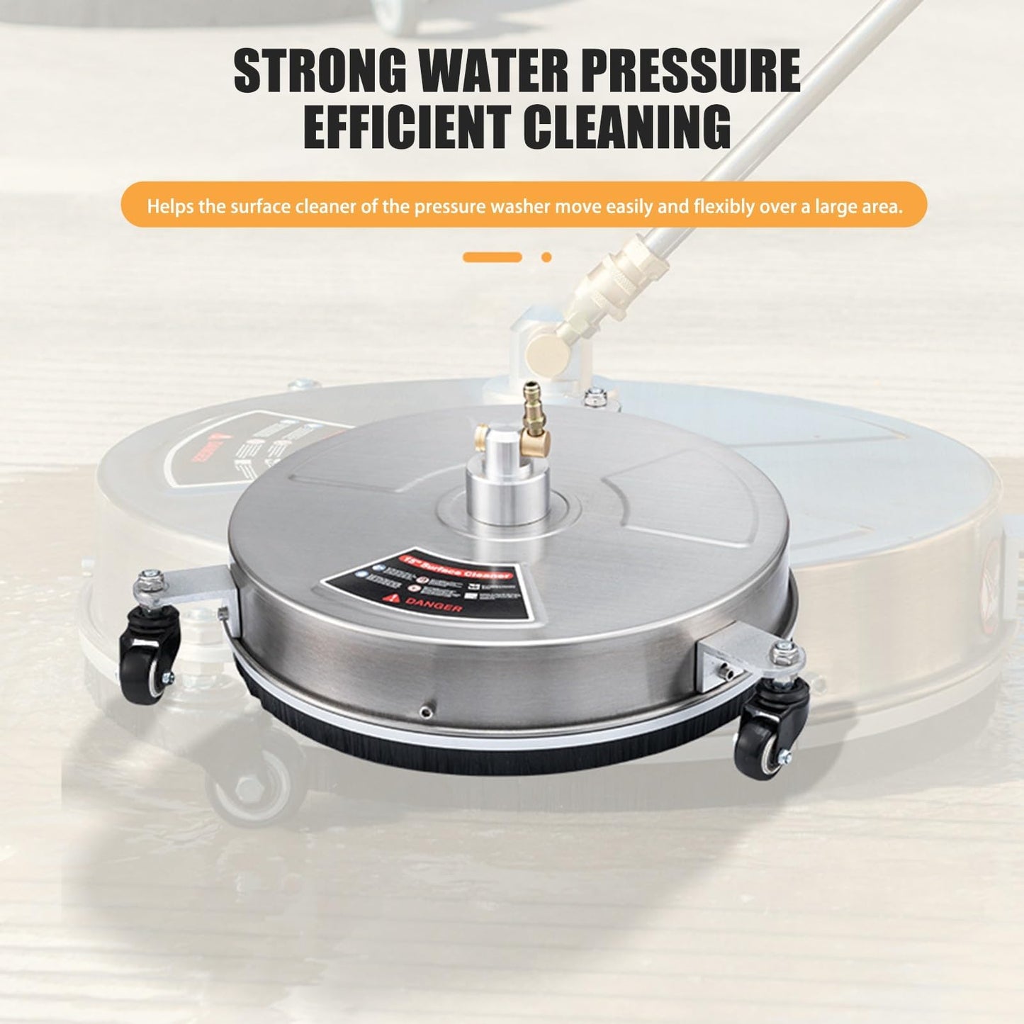 TRELVEX 15" High-Pressure Surface Cleaner on Wheels, Stainless Steel Power Washer Attachment with 1/4" Quick Connector and 2 ExWands for Sidewalks and Patios Stainless Steel