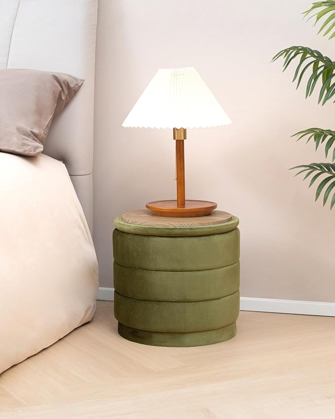 B FSOBEIIALEO Round Velvet Storage Ottoman with Tray, Folding Ottoman with Storage Coffee Table Foot Rest for Dorm Room, Living Room Olive, 15.35"x15.35"x14.57"