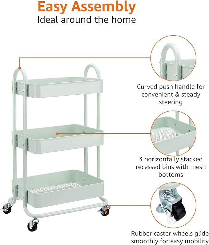 Amazon Basics 3-Tier Metal Rolling Utility Cart, Storage Organizer, Multi-Functional Kitchen Island Cart, Portable Shelving Unit with Caster Wheels, Mint Green