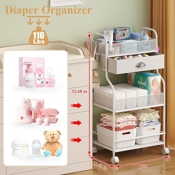 Baby Diaper Caddy Cart Organizer -3 Tier, Bedside Nursery Essentials Organizer & Storage Holder for Newborn Baby Stuff, 2+1 Dividers, 1 Drawer,Rolling Utility Cart for Bedroom,Changing Table, Crib.