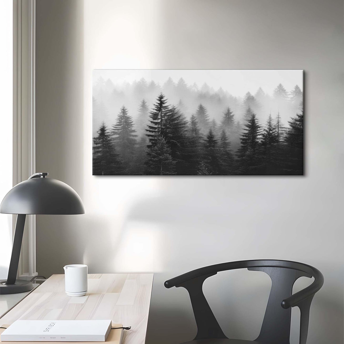 WALLSUP DECOR Misty Forest Canvas Wall Art: Black and White Pine Tree Picture Foggy Mountain Painting Modern Nature Landscape Artwork Prints for Bedroom Living Room Home Office