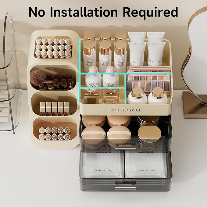 UFORU Makeup Organizer for Vanity with Brush Holder, Large Capacity Bathroom Countertop Skincare Organizer with 2 Drawers, Cosmetic Display Case for Perfumes, Eyeshadow Palettes, Nail Polishes