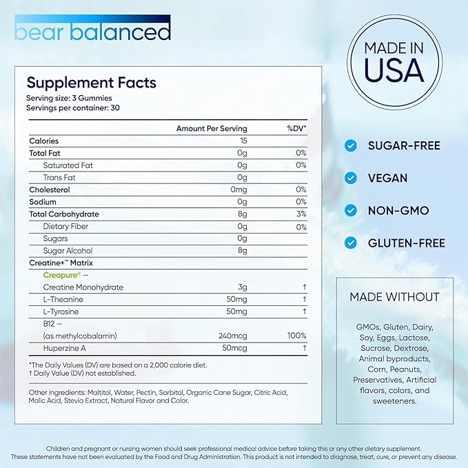 Creatine Gummies for Men & Women - Creapure® Creatine Monohydrate, L-Theanine, L-Tyrosine & B12 for Muscle Growth, Strength, Focus, Energy & Health - Low Calorie, Sugar-Free, & Vegan
