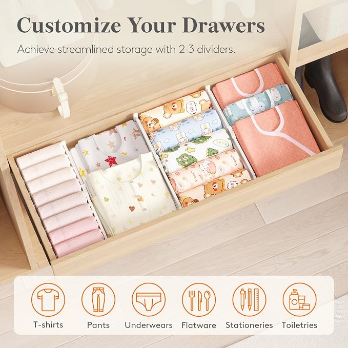 Lifewit Drawer Dividers for Clothes, 3.2" High 10.5"-16.5" Expandable Dresser Drawer Organizers, Adjustable White Plastic Separators for Kitchen, Cabinet, Nursery, Socks & Underwear Storage, 6 Pack