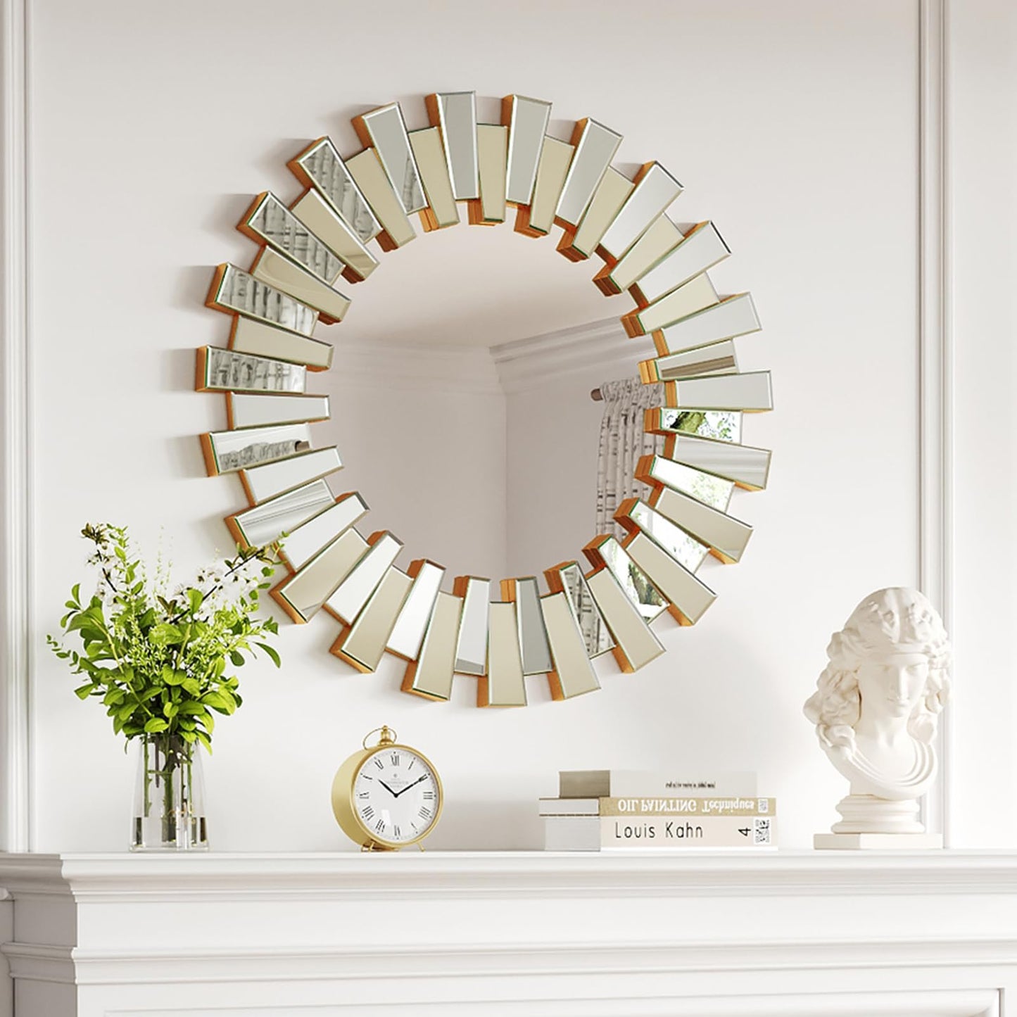 Uniclinens Gold Sunburst Mirror 26" - Decorative Wall Mirror Large, Round Modern Bohemian Sun Decor for Bedroom Living Room Hallway Bathroom Entrance