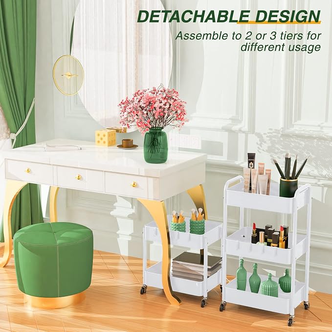LEHOM 3 Tier Rolling Cart, Metal Rolling Utility Cart with Lockable Wheels & Hooks, Multi-Functional Heavy Duty Storage Cart Organizer for Bathroom, Kitchen, Office, Living Room