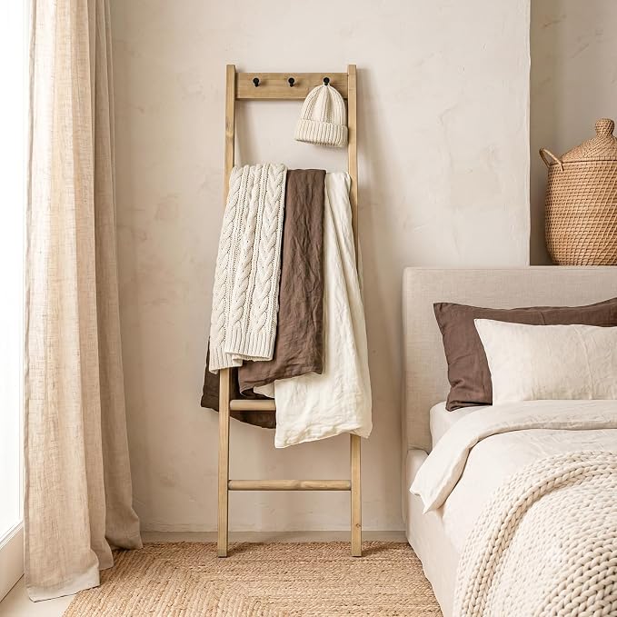 Wooden Blanket Ladder - Natural & Motley Wood - Leaning Wall Decor for Bedroom, Bathroom, Living Room - Rustic Quilt Holder & Towel Rack (Natural Wood Color + Hook, 76in（5-Tier）)