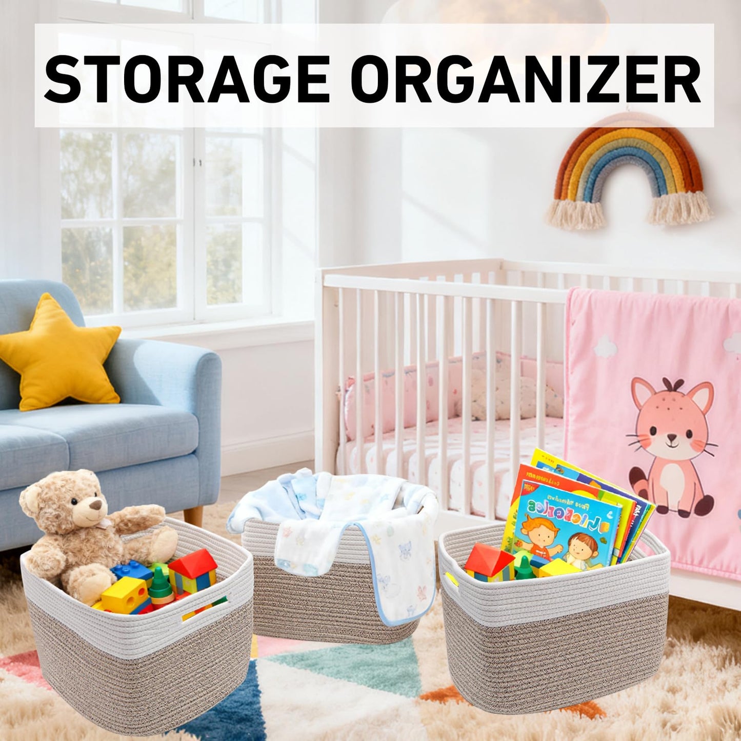 HZFTJOY 3 Pack Woven Rope Storage Baskets for Shelves,13.5"×11"×9.5" Storage Bins with Handles,Empty Gift Baskets,Nursery Organizer for Toys,Towels,Books,Closet,Living Room,Bedroom (White & Brown)