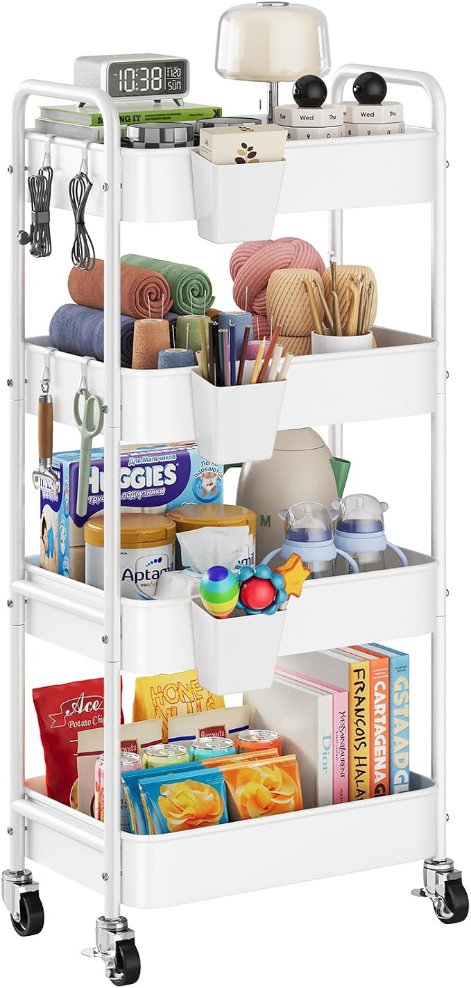 Heavy Duty 4 Tier Rolling Storage Cart Metal with Wheels, White Four Tiered Utility Roller Carts Organizer on Wheels for Art, Craft, Baby Diaper Caddy, Snack, Book, Large-Capacity Shelving Units, 37in
