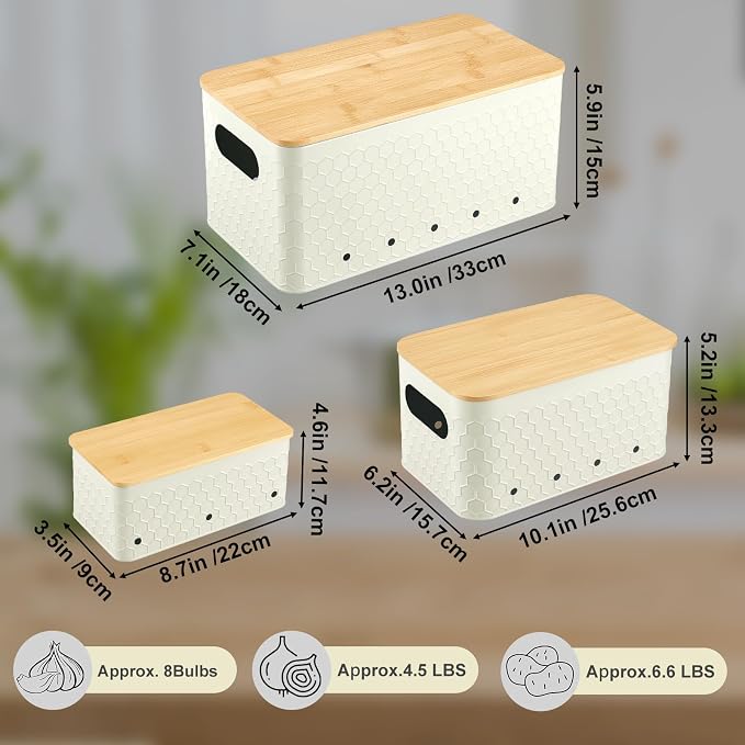 Kitchen Vegetable Storage Set of 3, Metal Onion Garlic Potato Storage Set, Kitchen Canisters Vegetable Keeper Containers with Aerating Holes and Bamboo Lid,Embossed Beige