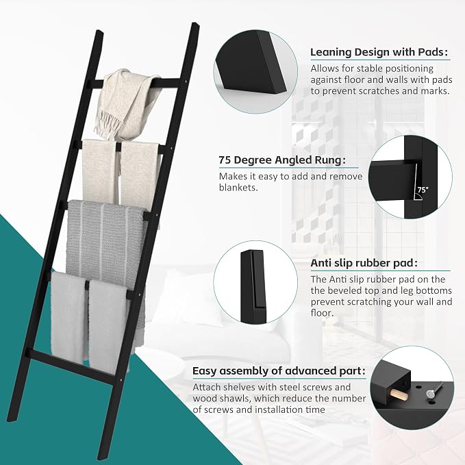 POXAKA Blanket Ladders for The Living Room, 5-Tier Blanket Holder, Wall-Leaning Blanket Rack, Ladder Shelves, Wooden Quilt Ladder, Farmhouse Decor, Scarf Ladder Shelves for Living Room, Bedroom